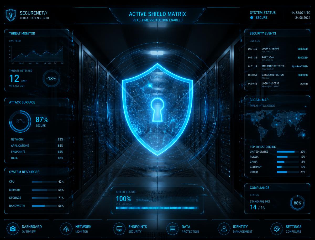 Futuristic security operations dashboard inside a data center